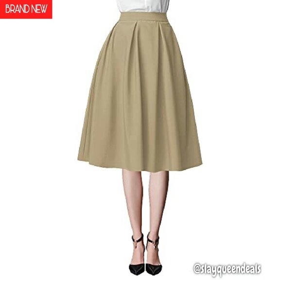 Knee Length A-Line Midi Skirt Elastic Waist Pockets Work Casual - Picture 4 of 5